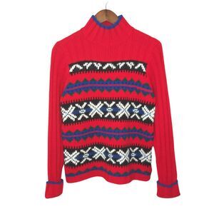 Vintage Russ Red Tribal Striped Mock Neck Grandma Sweater Sz Medium
